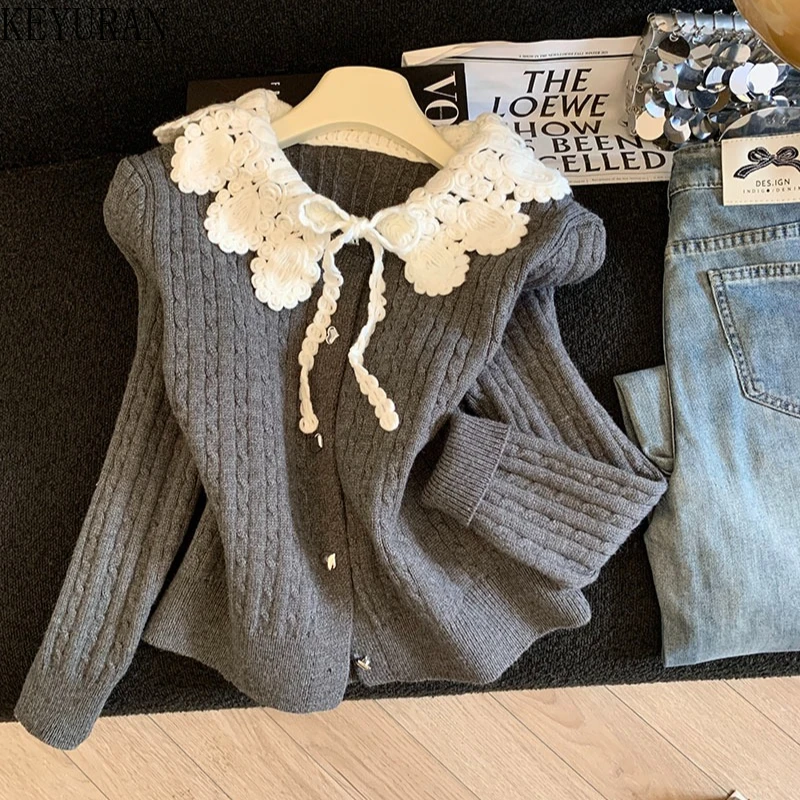 

French Peter Pan Collar Knitted Cardigans Women's 2026 Spring Autumn Streetwear Japanese Fashion Lace Up Slim Chic Knitwear Tops