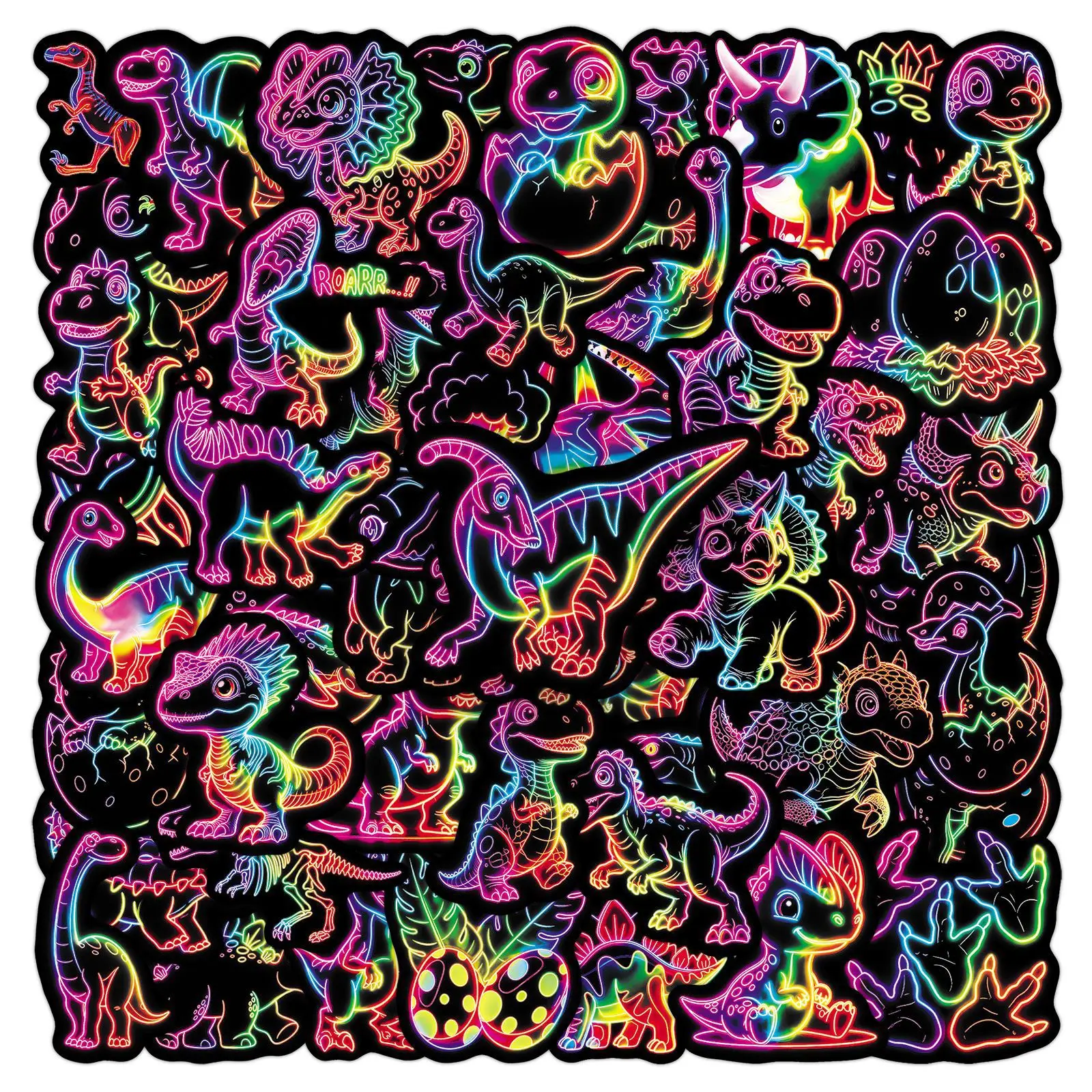 50Pcs Cartoon Neon Rainbow Dinosaur Stickers Waterproof Vinyl Decals for Laptop Water Bottle Skateboard Suitcase DIY Decor Gift