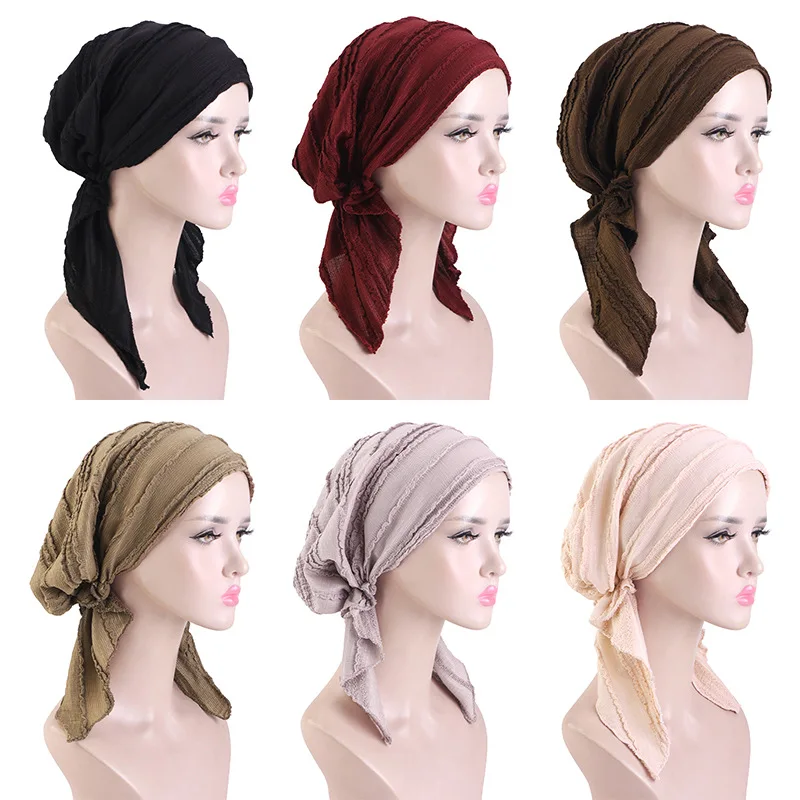 Fashion Women Stripe Lace Turban Hat Elastic Hair Care Head Wrap Chemotherapy Cap Ladies Hair Protection Beanie Hat Bonnet Cover