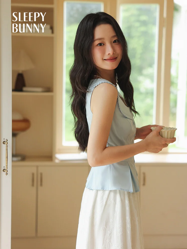 

Vintage Sleeveless Blouse Women French Style Square Neck Slim Fit Top Summer Ruffle Vest Shirt Pleated Waist and Button Front