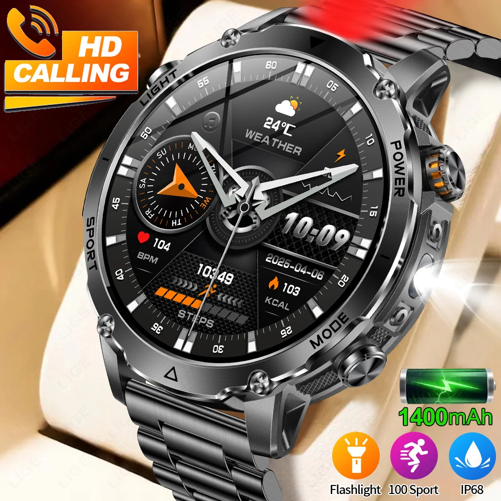 LIGE Men Hiking Camping Smartwatch 1400mAh Big Battery LED Flashlight IP68 Waterproof Sport Sleep Monitor BT Call Military Watch