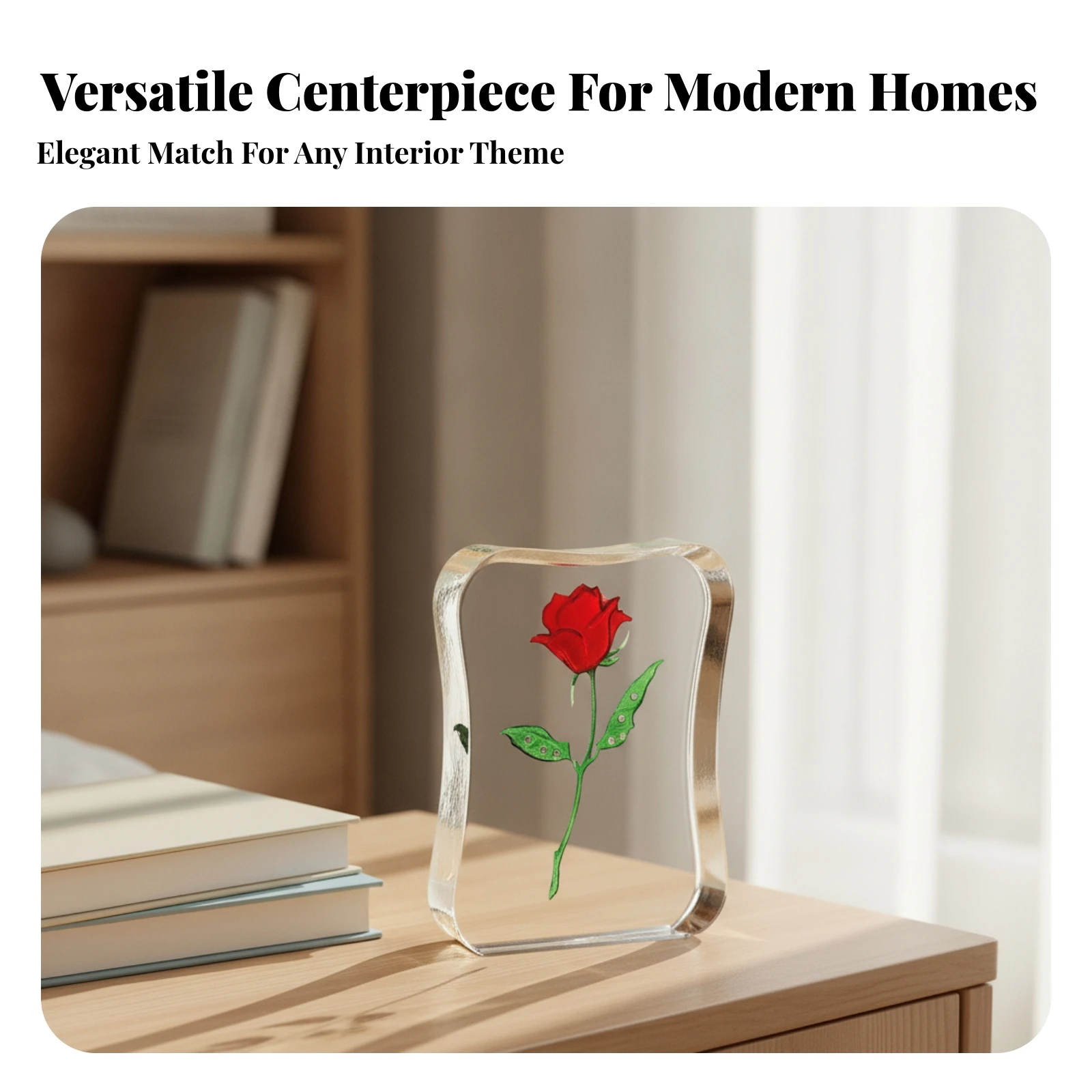 Acrylic Frame with Rose Artisan-Style Acrylic Rose Block Ornament Vibrant Decor Long-Lasting for Living Room, Bedroom