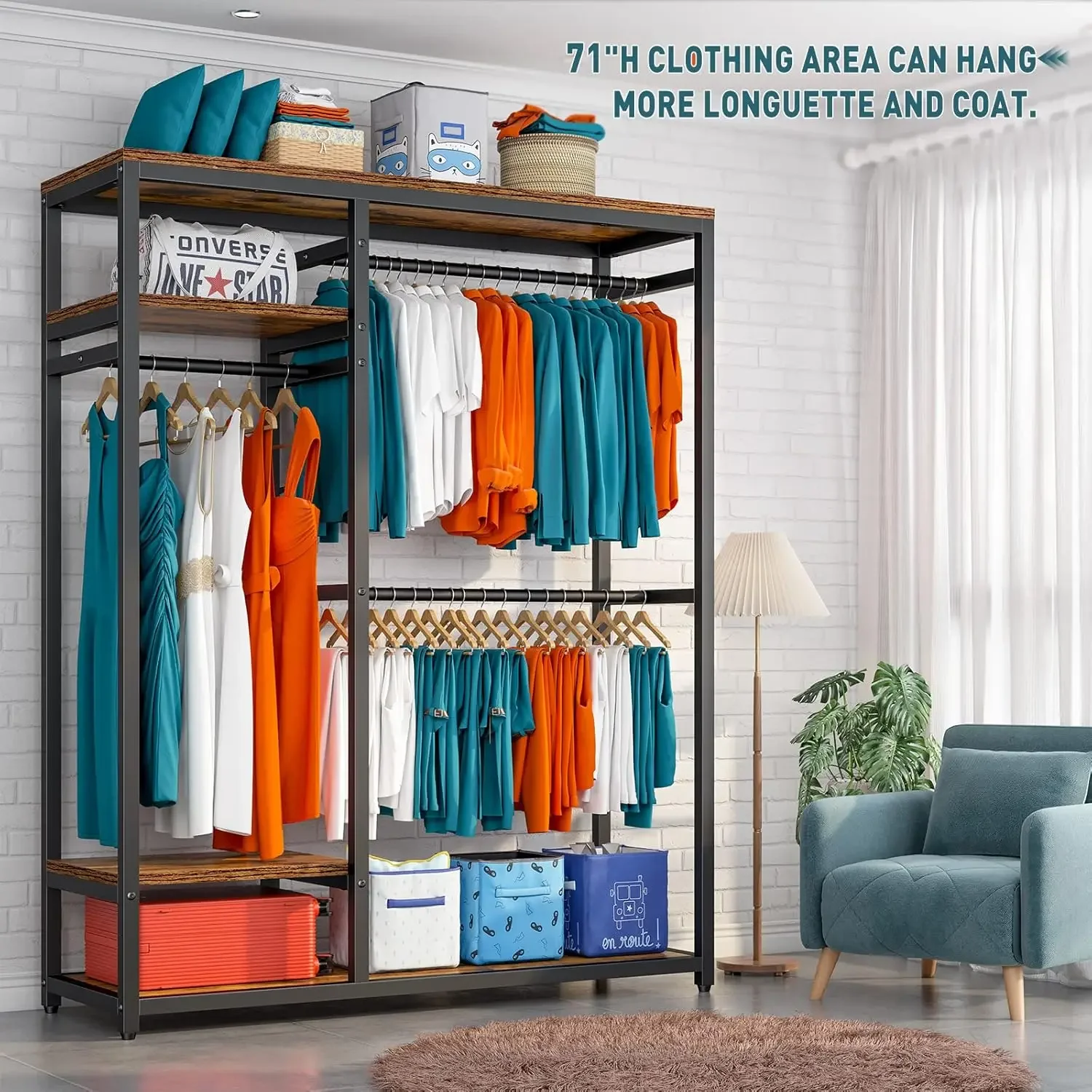 Free Standing Closet Organizer Clothes Rack Heavy Duty Clothing Rack with Shelves, Wardrobe Closet Adjustable Clothing Racks for