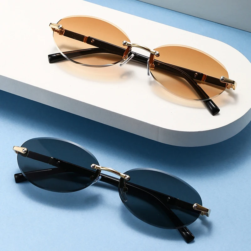 Neue ovale randlose Sonnenbrille für Männer und Frauen, klassische rahmenlose Brille, männlich, ultraleicht, täglich, dekorative Brille, Driving Shades