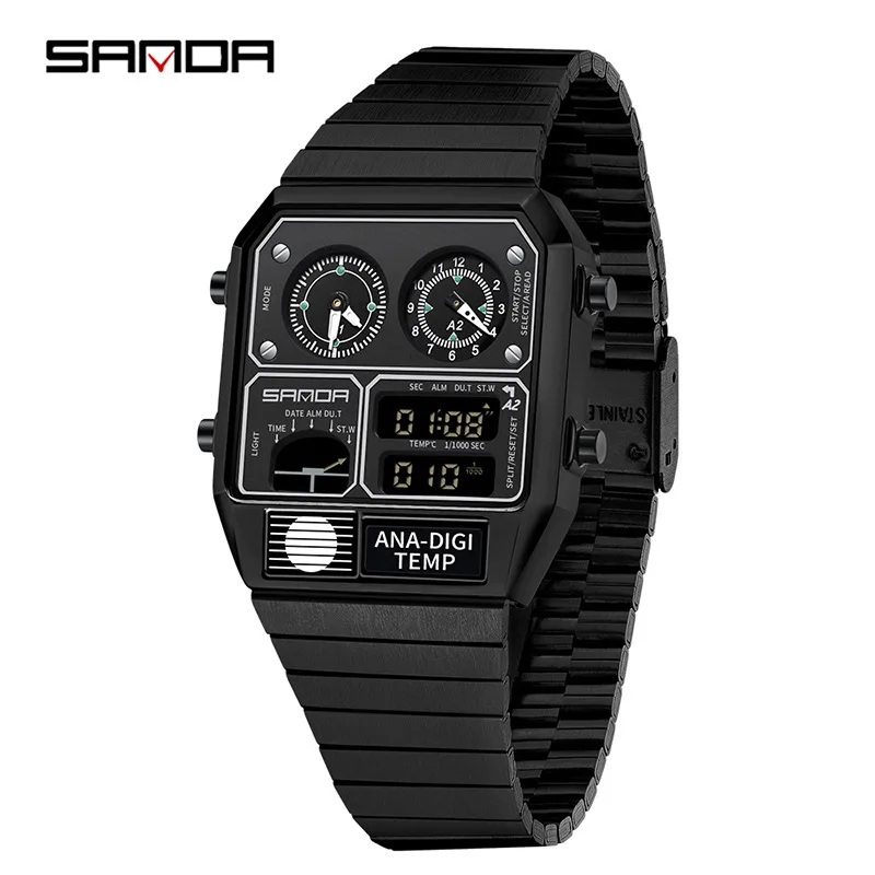 SANDA 3192 Quadratische elektronische Uhr für junge Männer, lässige multifunktionale Armbanduhr mit Thermometer, Stoppuhr, Chronograph