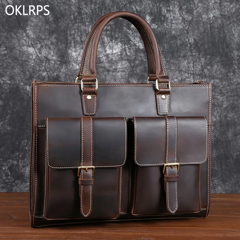 

Retro Mad Horse Leather Men's Tote Top Layer Cowhide Briefcase Leather 15 "Computer Bag Single Shoulder Crossbody Bag