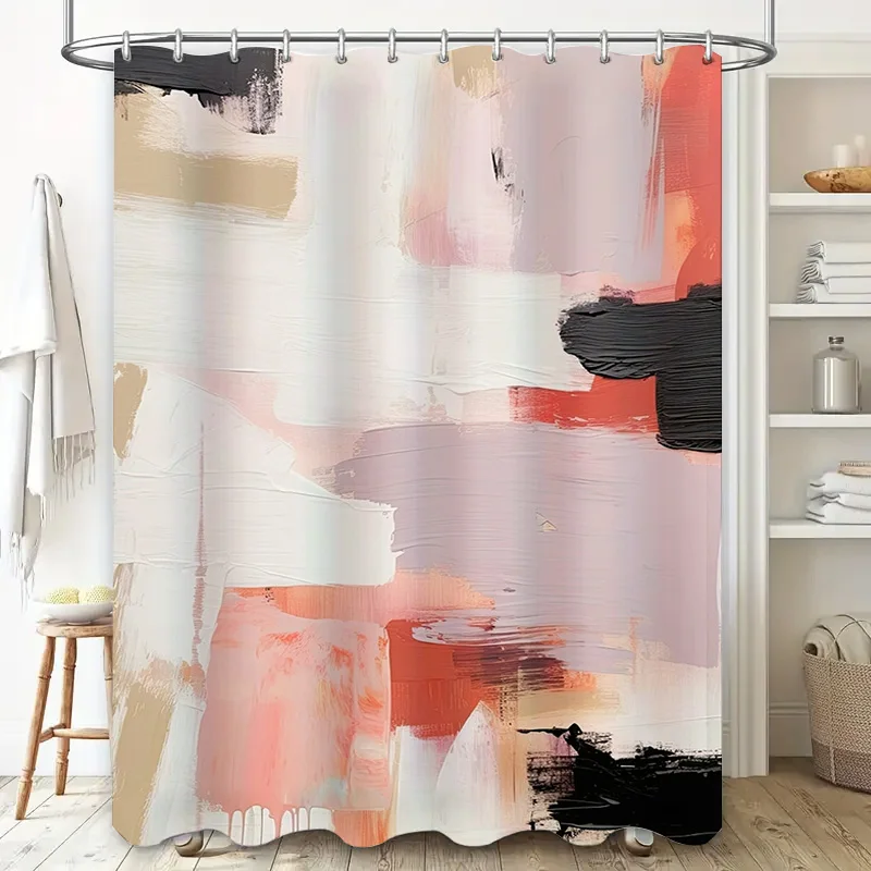 Abstract Paint Splatter Shower CurtainPink White Background with Black Brush Strokes Modern Decor for Bathroom or Bathtub Room