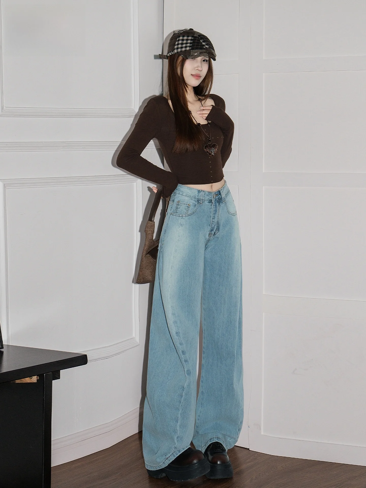 

Американские джинсы с высокой талией и широкими штанинами, синие, женские, свободные, струящиеся, прямые, повседневные, весна-лето, новинка