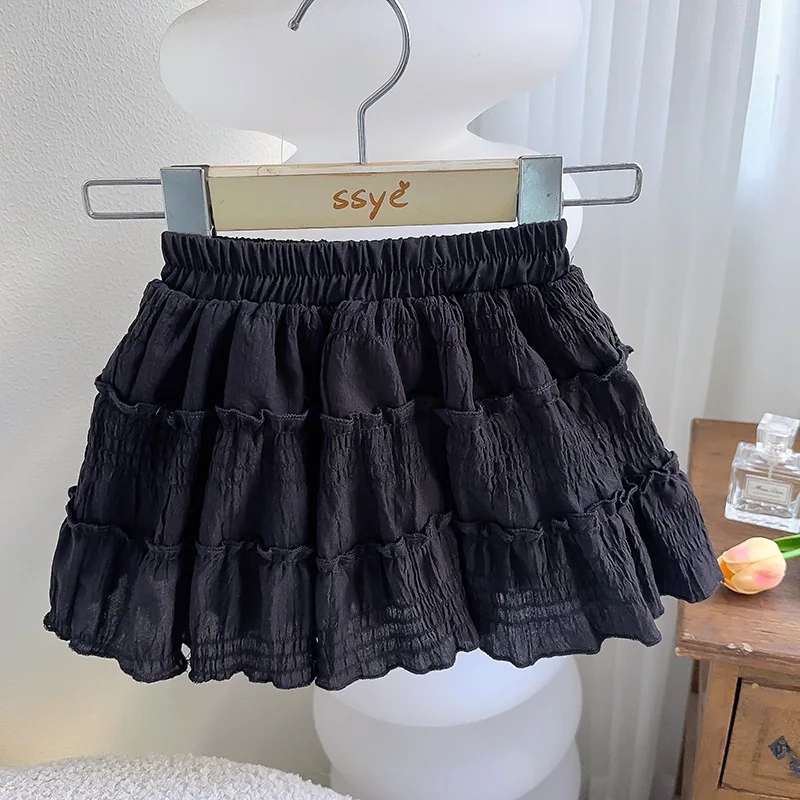 Minimalist A-line Skirt 2024 Summer New Girls Solid Color Spliced Elastic Ruffles Fashion Sweet Basic Flattering Cupcake Skirt