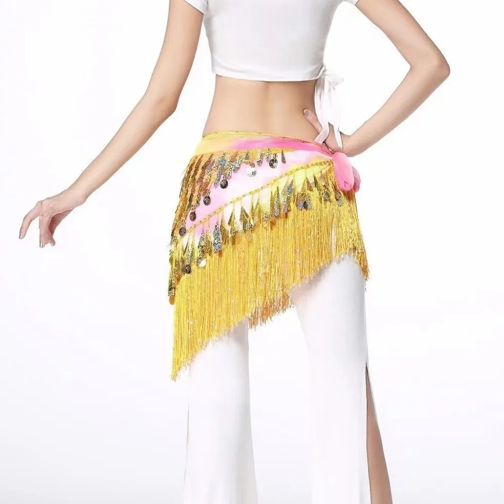 Glitter Sequins Belly Dance Waist Chain Hollow Long Tassel Belly Dance Hip Scarf Triangle Colorful Belly Dance Waistband