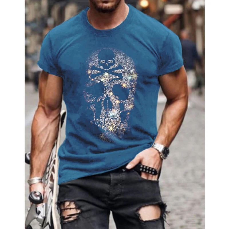 New High Quality Fashion Men's Clothing Oversized Tee y2k Skull Rhinestone Designer Short Sleeve Tops Home Casual Street t-shirt