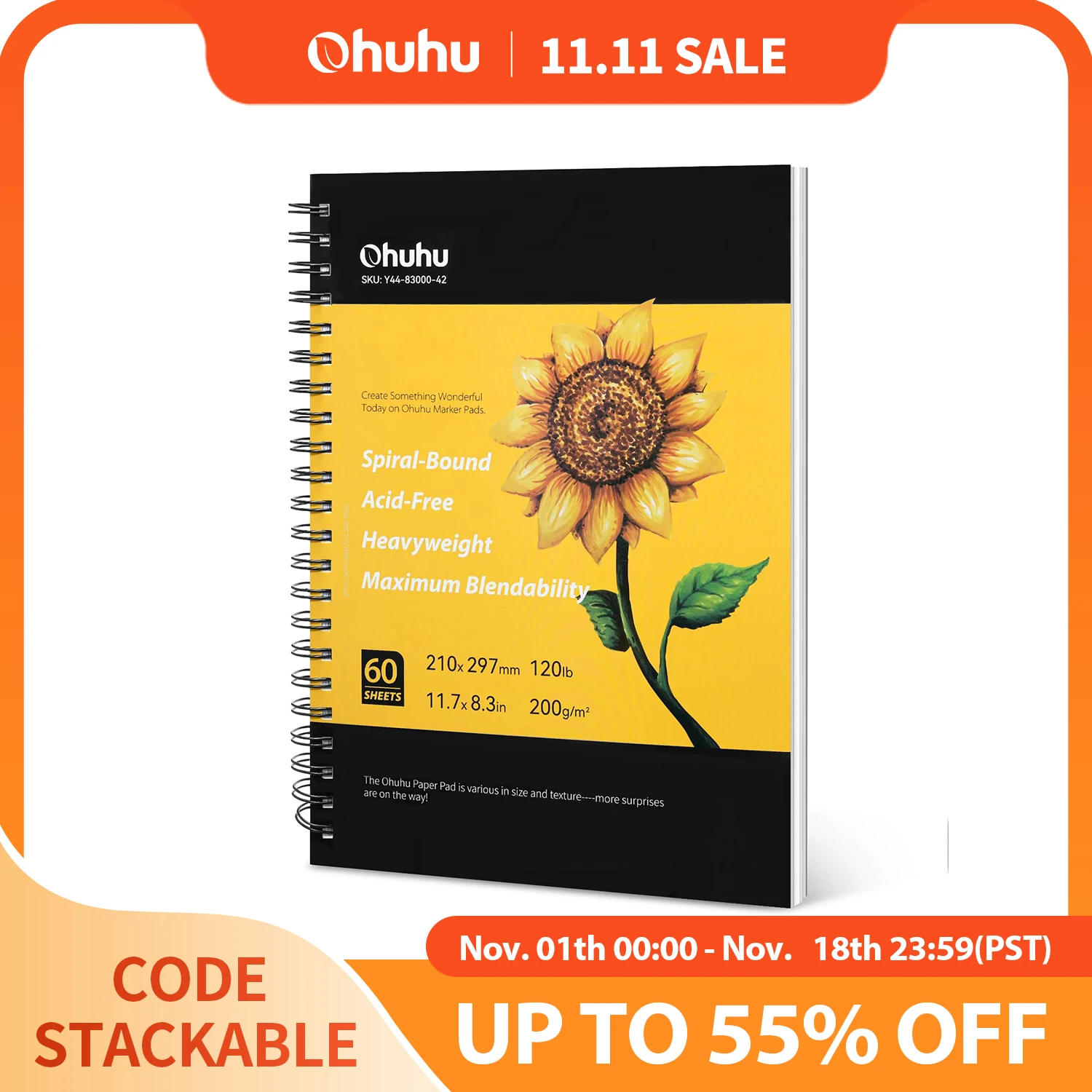 Ohuhu Spiral Bound Marker Pad for Alcohol Markers Art Sketchbook Watercolor Paper Pad Drawing Notebook for Markers School Gift