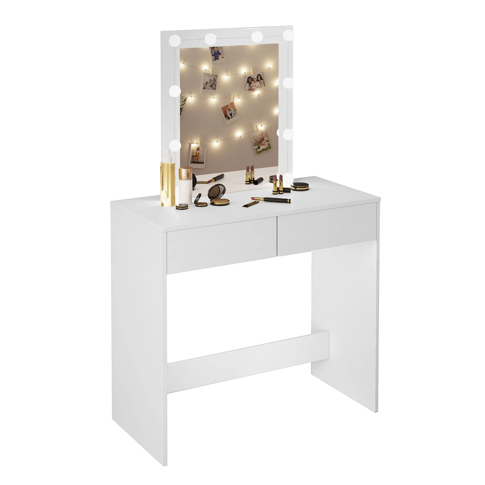 Dressing Table with 10LED Bulbs Mirror 2 Drawers Women Girls Vanity Makeup Table Adjustable Brightness Dresser for Bedroom