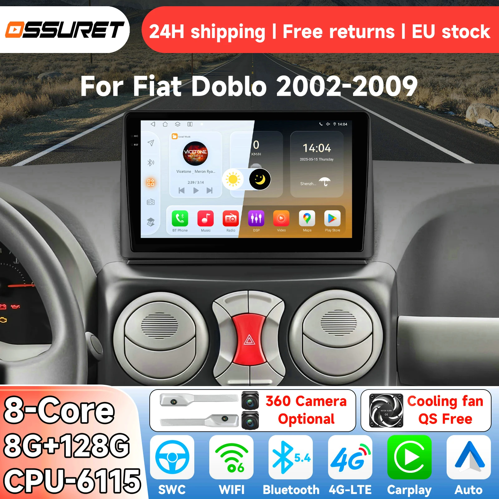 OSSURET AI Android14 Autoradio per Fiat Doblo 2002 - 2009 Sistema Intelligente Carplay Lettore Multimediale Video GPS 4G 6115
