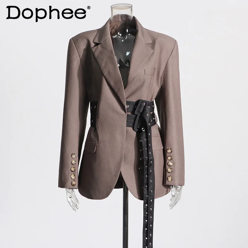 Fashion Stitching Tied Waist-Tight Slim Suit Coat for Women 2024 Spring New Mid-Length Color Block Long Sleeve V-neck Blazer