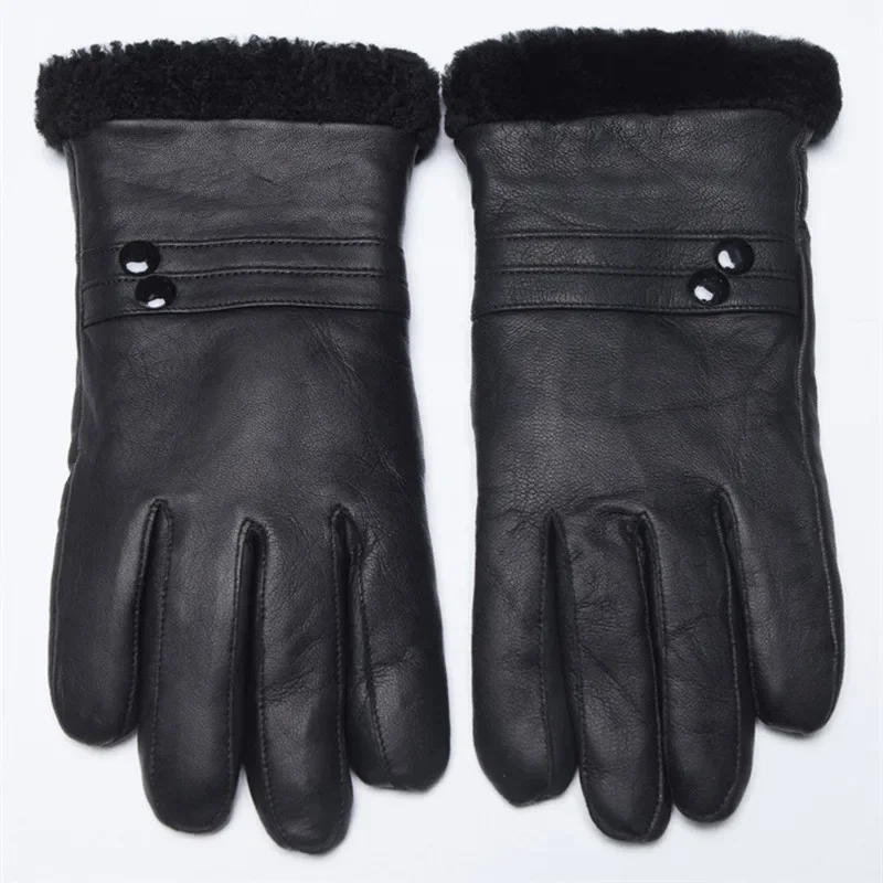 Hot Sale Winter Women Men Gloves Warm Wool Lined Sheepskin Gloves Elegant Button Full Finger Unisex Luvas