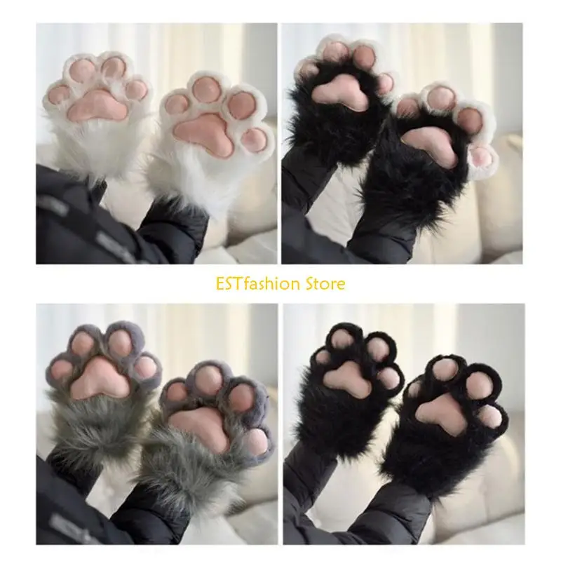 Y5GC Pelzige Tierpfoten-Handschuhe für Teenager, Erwachsene, Katzenpfoten, Plüschhandschuhe, Anime-Fäustlinge für Halloween,