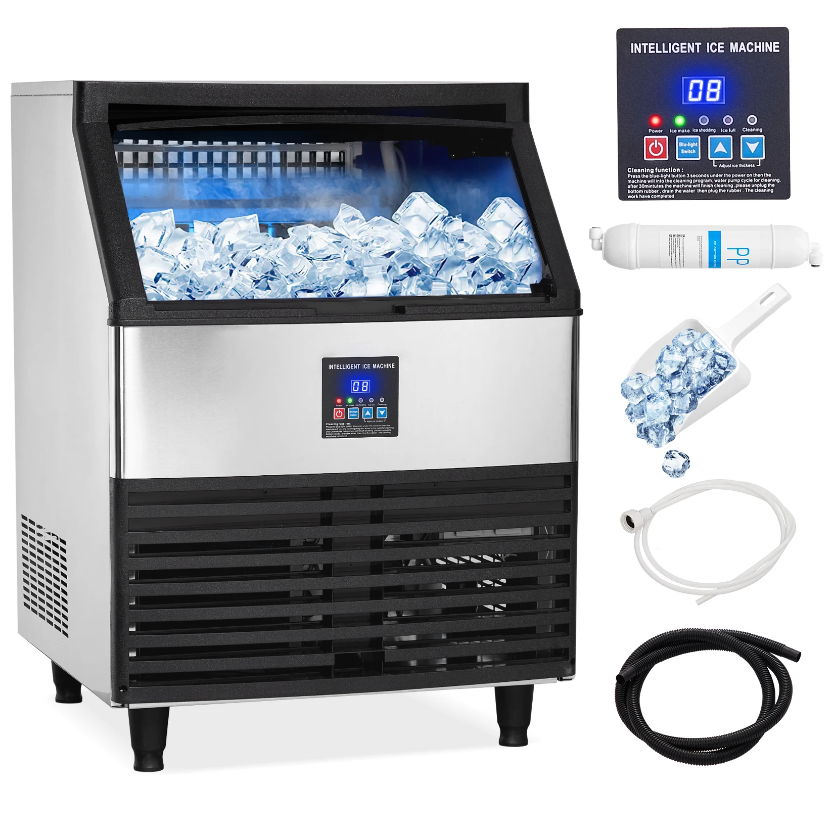 Commercial Ice Maker Machine 300lbs/24H,with 100lbs Ice Storage Capacity,Under Counter Stainless Steel Self Cleaning Ice Machine