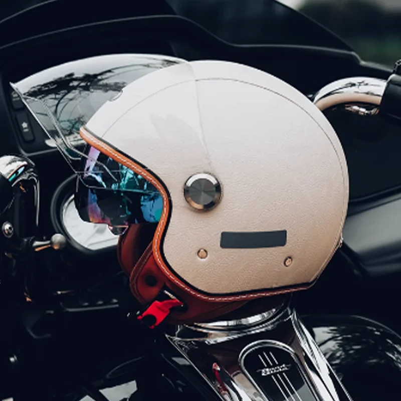 

Retro pure white leather electric vehicle, motorcycle, four-quarter helmet for men women, warm and safe, detachable dot ece
