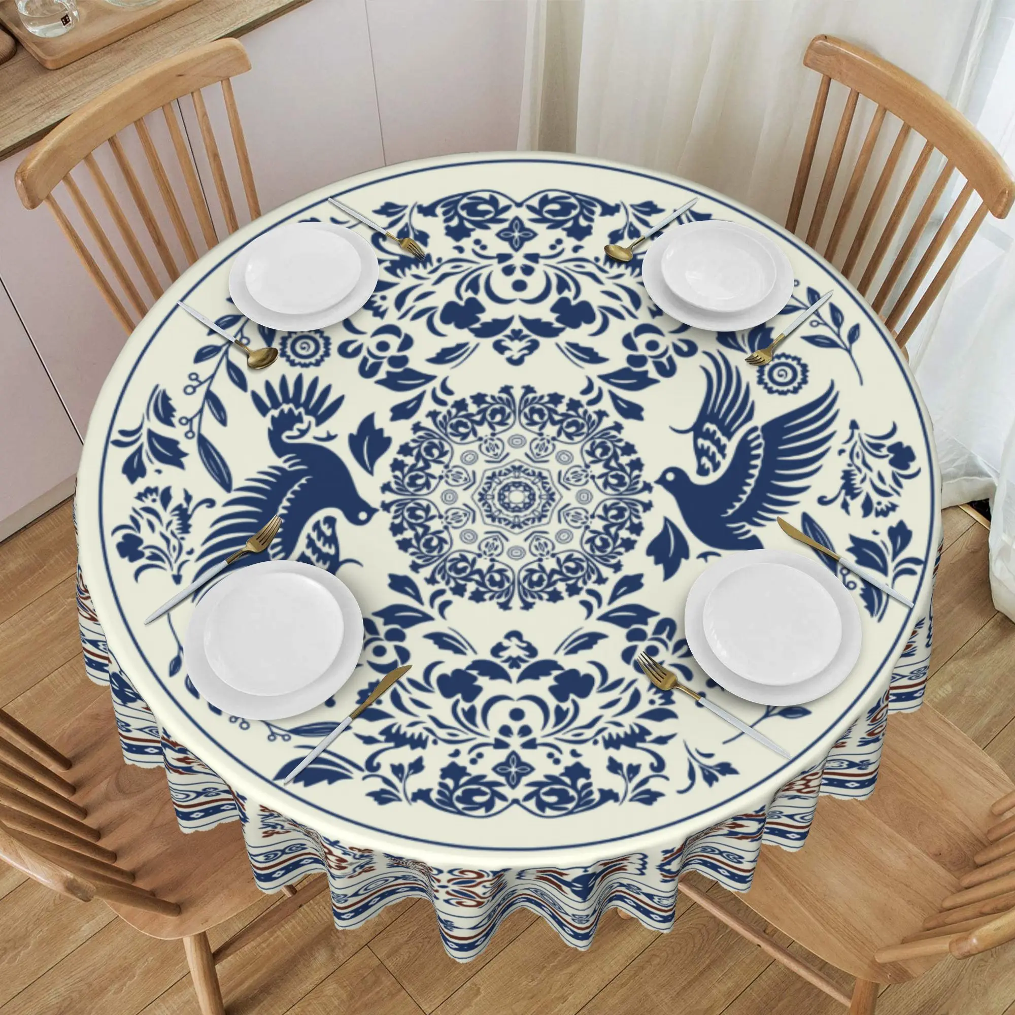 1 Stück Wikinger-Stil Runde und Rechteckige Tischdecke, in Verschiedenen Größen Erhältlich, mit Indigo- und Weiß-Blumenmustern, Wikinger-Stil Bedruckte Tischdecke mit Geprägten Kanten, Geeignet für