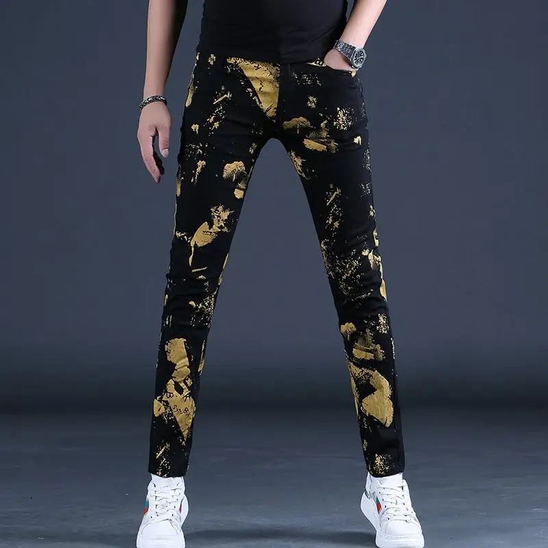 Light Luxury Men’s Slim-fit Hot Printed Black Denim Pants,Sexy All-match Trendy Jeans,Korea Version Stretch Street Jeans Pants;