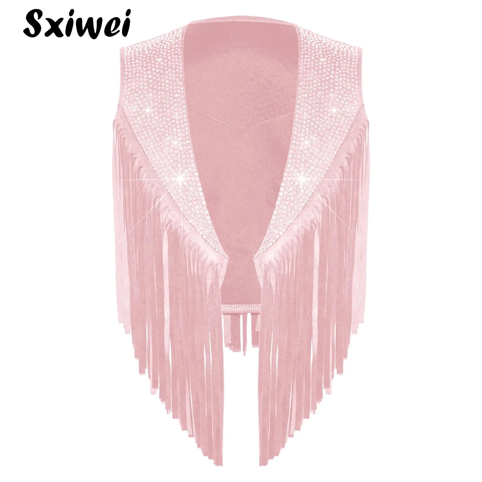 Girls Wild West Suede Tassels Fringe Vest Rhinestone Open Front Waistcoat Kids Halloween Western Cowboy Cowgirl Dress Up Costume