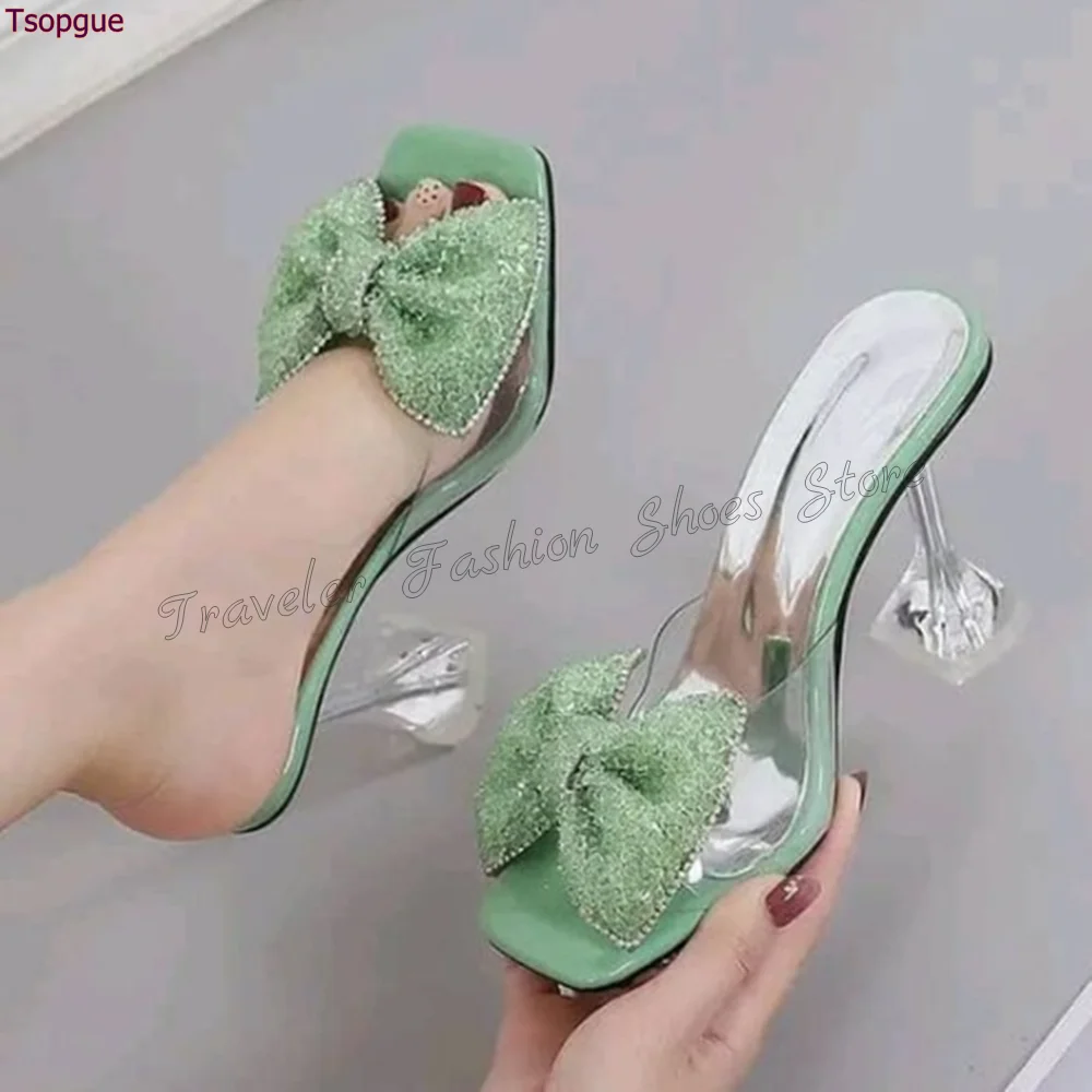 

Green PVC Bow knot Decor Square Toe Slippers Transparent Heel High Heel Shoes for Women Heels Party Shoes 2024 Zapatos Para Muje