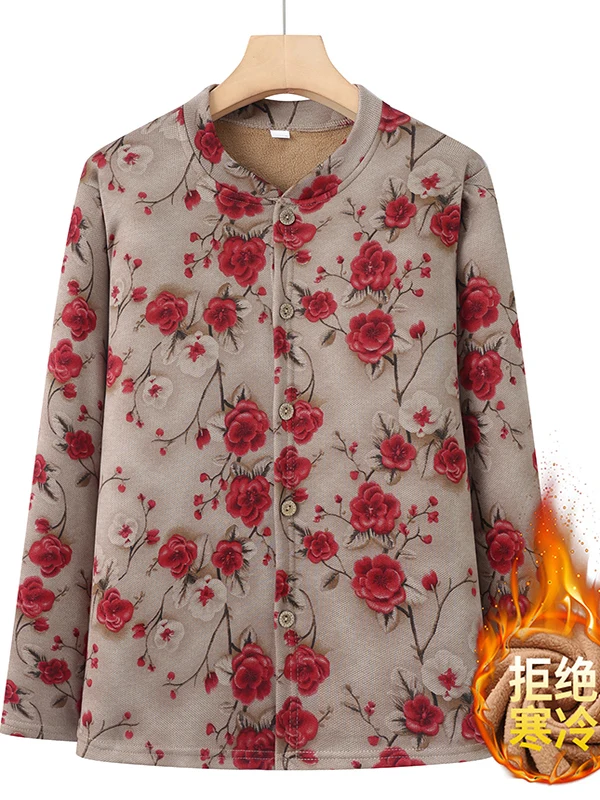 

Floral Print Fce Lined Warmth Outerwear for Middle Aged And ly Women Open Cardigan Coat Sle Faion Loose Fit Long ...