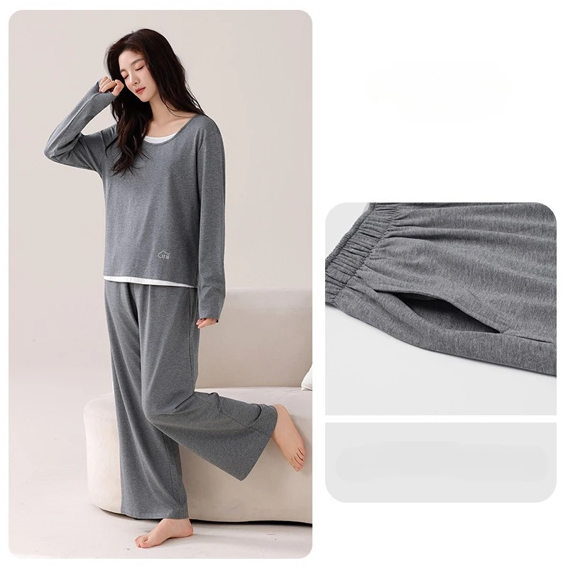 Primavera e outono feminino modal fino manga comprida novo casual pulôver de duas peças conjunto de terno para casa com almofada no peito pijamas