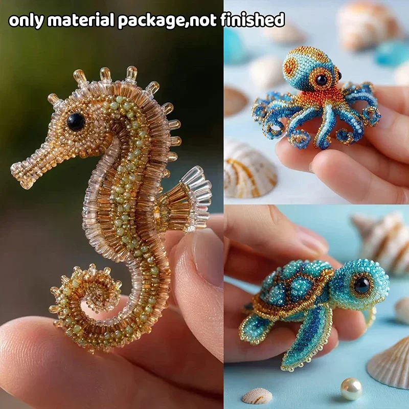 1Set Bead Embroidery Kit Material Package DIY Cute Octopus Turtles Sharks Design Craft Kit For Beginners Creative Handmade Gift