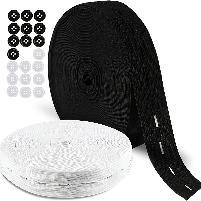 3/4 Inch Elastic Sewing Band, Black & White, High Elastic Knit Waistband with 10pcs 18mm Buttons for DIY Sewing & Household Use