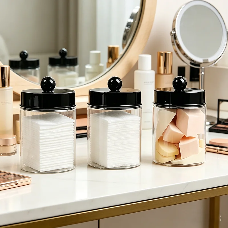 Clear Acrylic Cotton Swab Holder with Black Lid Qtip Cotton Pad Storage Jar Dustproof Bathroom Organizer Floss Toothpicks Makeup