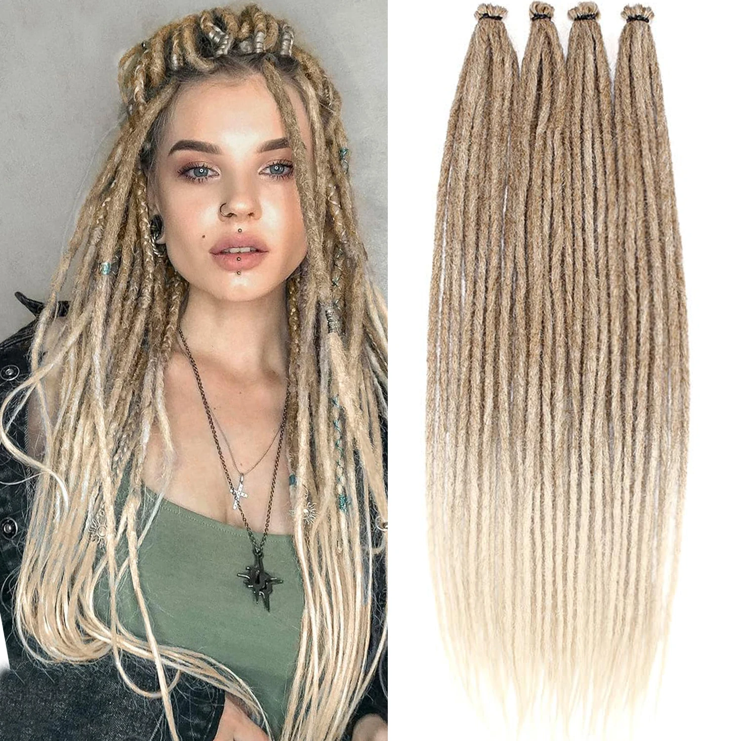 10 Strands 24 นิ้ว Dreadlock Extensions สังเคราะห์ Hippie Single Ended Dreads Ombre สีบลอนด์ 0.6 ซม. ความกว้าง Loc Extensions Reggae