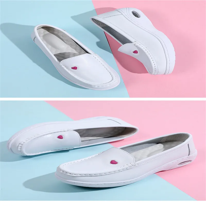 2023 New Women Flat Leather Shoes Casual White Wedge with Soft Bottom Slip on Love Heart Comfortable Mom Nurse Work Shoes