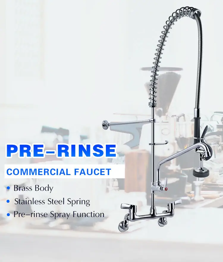 

Modern Design Commercial Kitchen Faucet Wall-Mount Pre-Rinse Brass Faucet with Sprayer