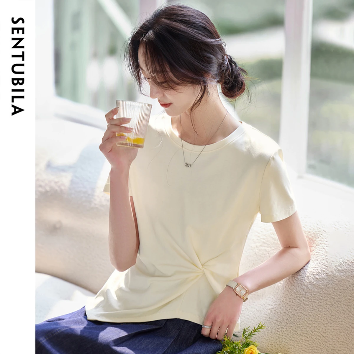 SENTUBILA Solid Color Women T-shirt 2025 Irregular New O Neck 100% Cotton Short Sleeve Casual Fashion Female Tops 152T80136