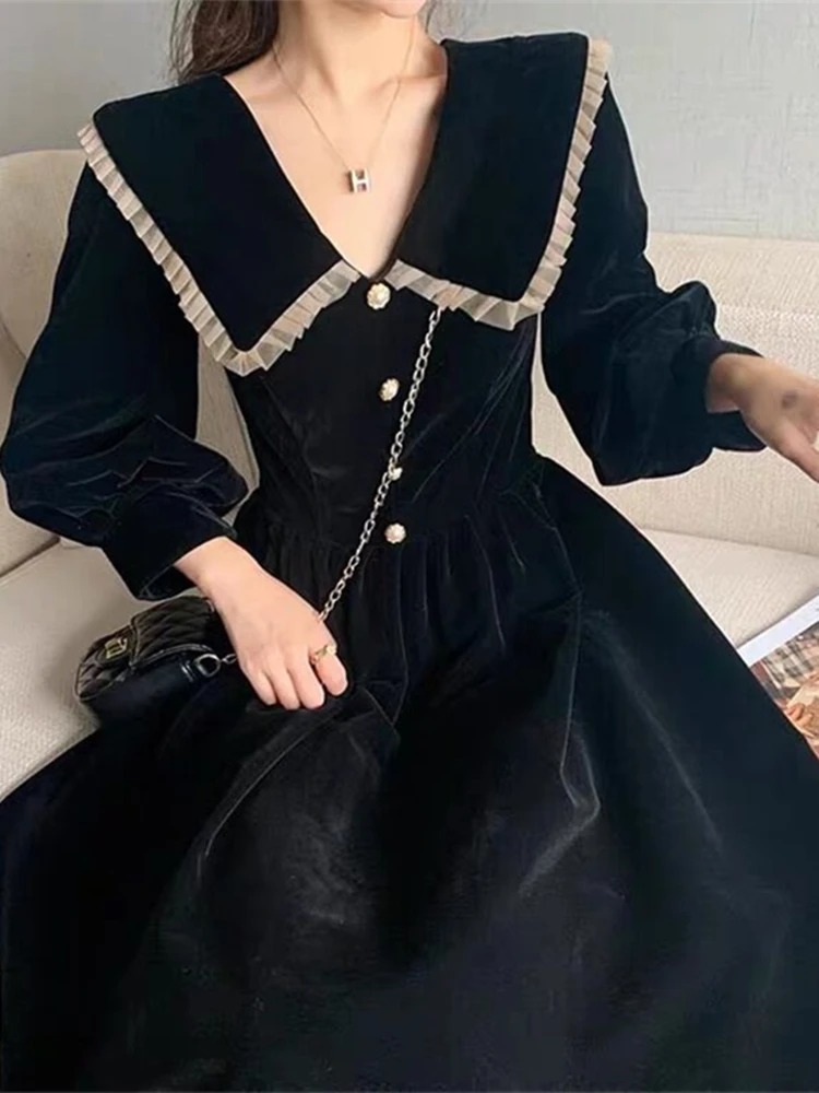 Black Velvet Dress Women Early Autumn New French sle High-Grade Temperament Long dress Waist Hugging Slimming Hepburn Sle...