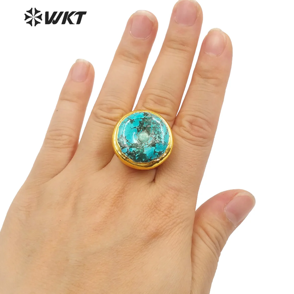 WT-R410 WKT Good-Looking Natural Stone Ring Turquoise Round Button Shape Wide Edge Adjustable Women Men Gift Jewelry Finding
