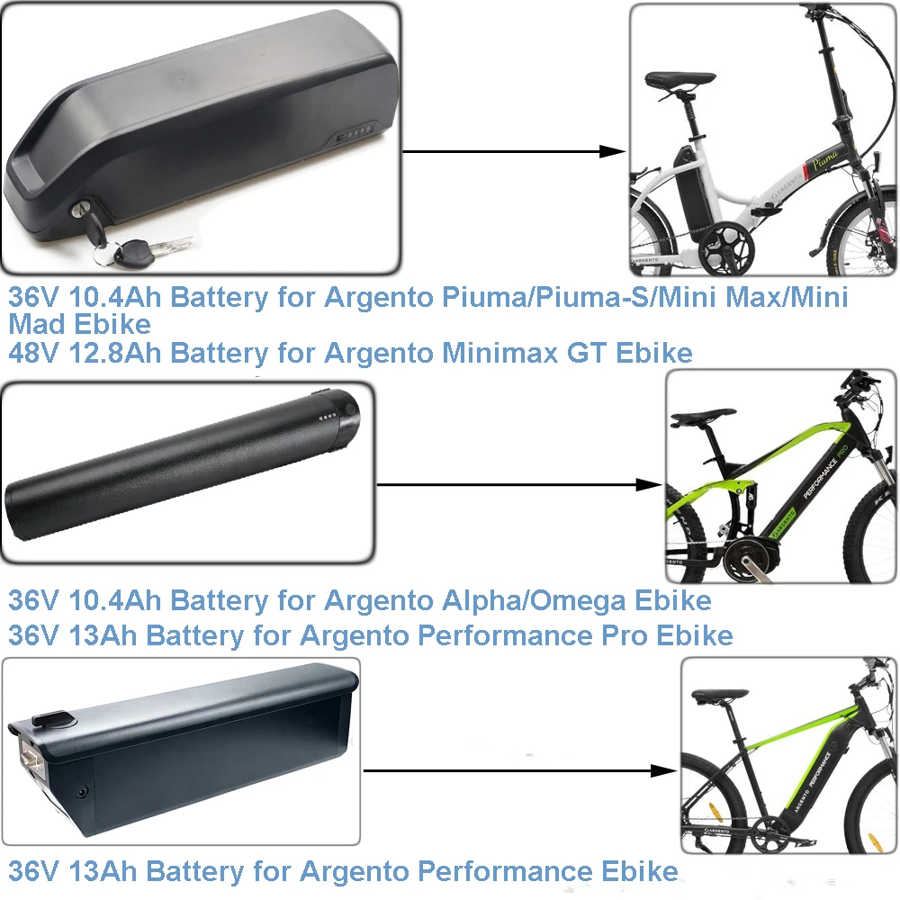 E-Bike Li-ion Battery 36V 10.4Ah 13Ah 48V 12.8Ah for Argento Piuma Piuma-S Mini Max Mad Minimax GT Alpha Omega Performance Pro