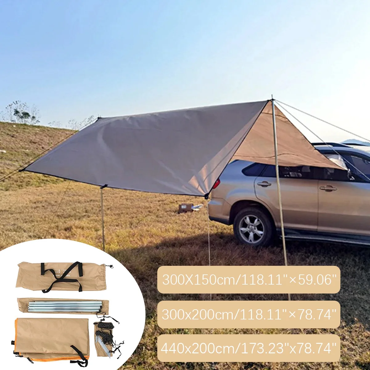 Shelter Shade Camping Side Car Roof Top Tent Awning Waterproof UV Portable Tent Automobile Rooftop Rain Canopy Khaki L