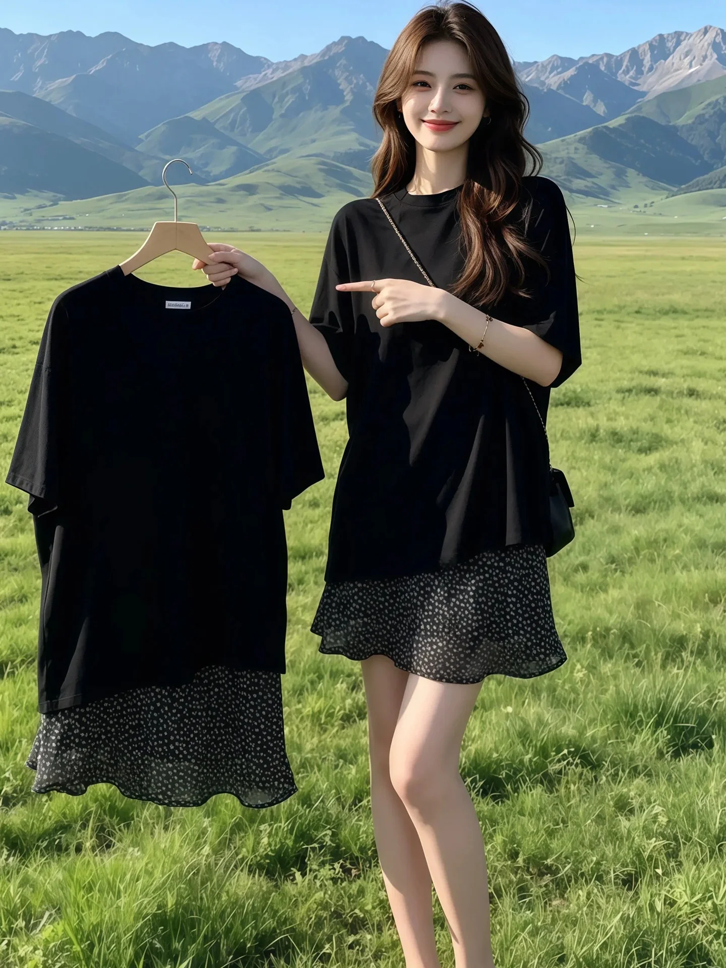 

Korean Style round Neck Short Sleeve T-Shirt And Polka Dot Skirt Two Piece Set Fashionable Slimming Commute Ready Outfit