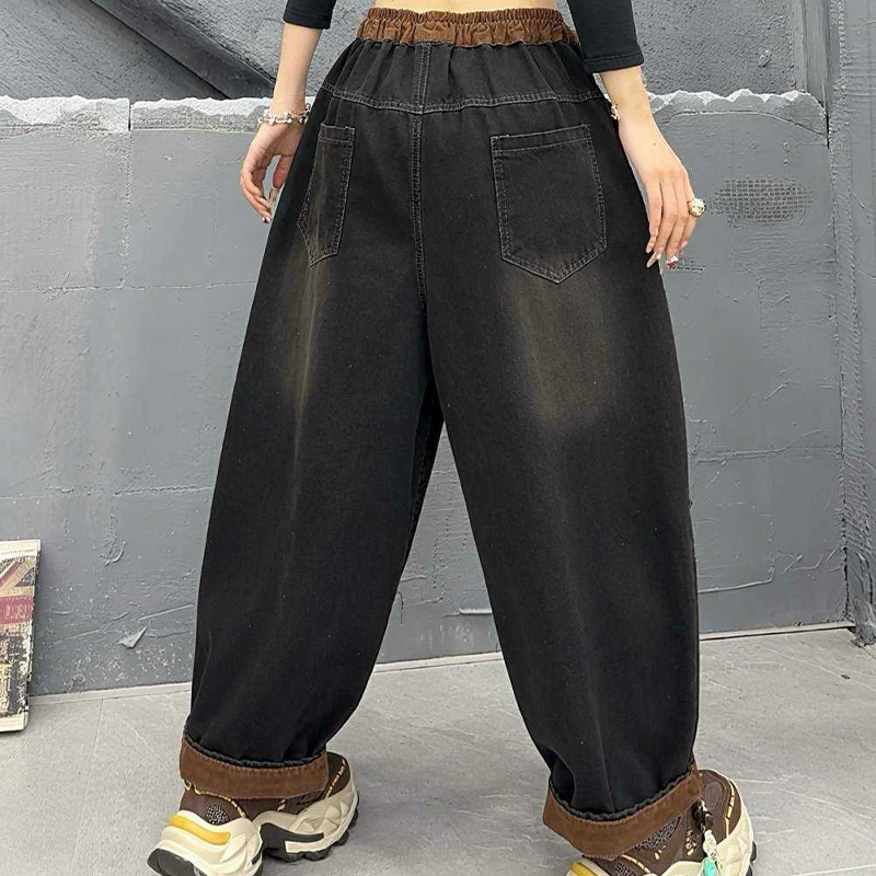 Masss Wasss 2026 Fall Vintage Jeans Womens Korean Loose Denim Pants Ladies Classic Casual Patchwork Punk Elastic Waist Trousers