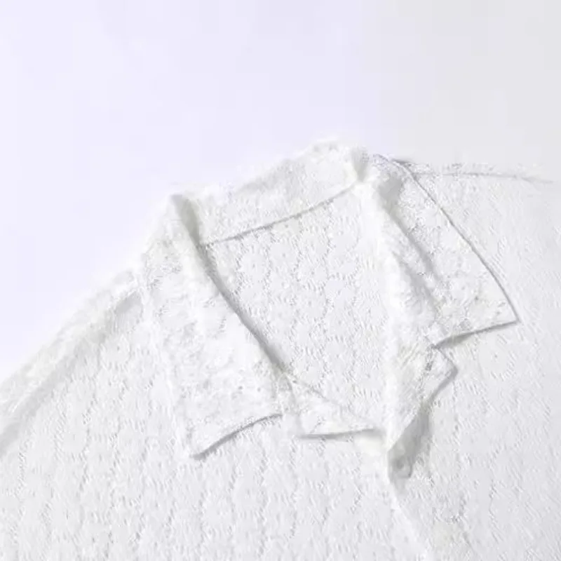 2024 Mens Top Fashion Lace Short Sleeved Shirt Casual Button Hollow Perspective Shirts for Men