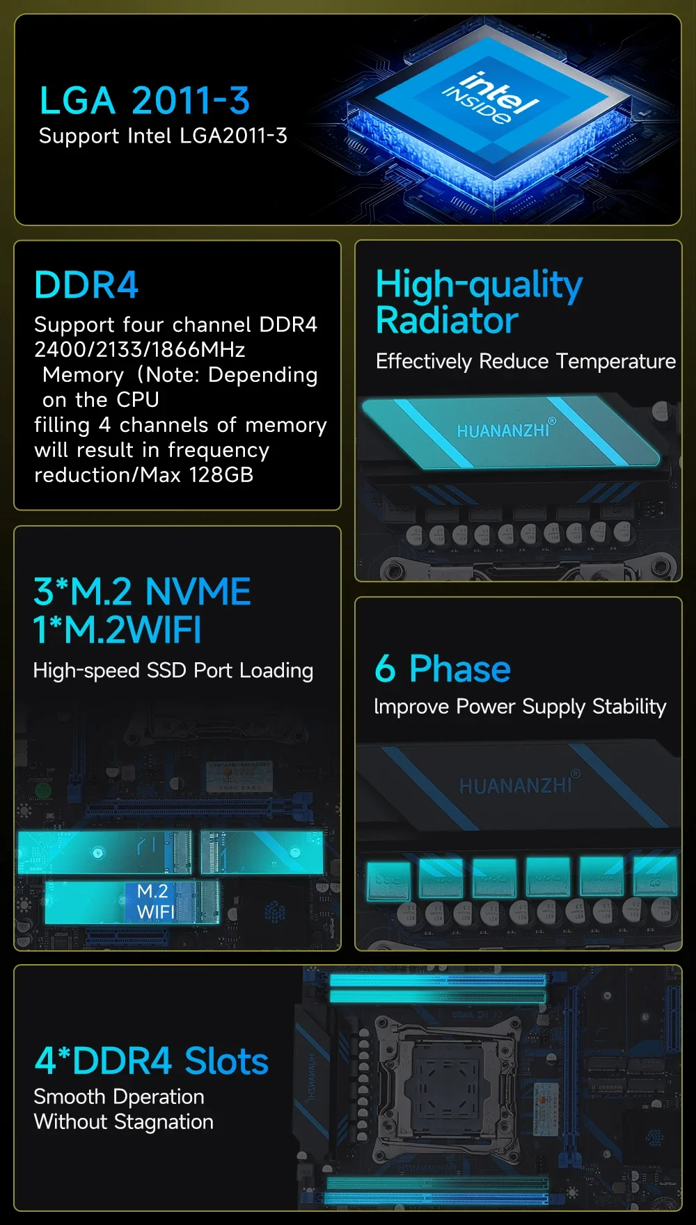 HUANANZHI X99-QD4 V3.0 Motherboard With Set Xeon E5 2670 V3 V4 CPU DDR4 RAM 16GB 32GB 64GB 128GB 3*M.2 NVMe PC Kit Mainboard
