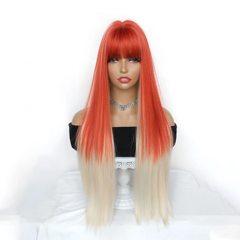 Subculture wig women gradient orange-gold ear-hanging ultra-long straight hair with bangs realistic imitation human h