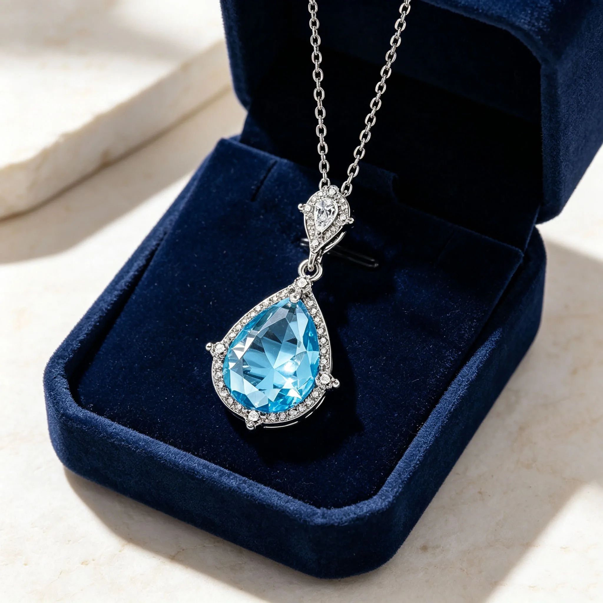 Women's Luxury 925 Sterling Silver Jewelry Set Sea Blue Gemstone Ring Necklace Earrings - Elegant Fashion Accessory