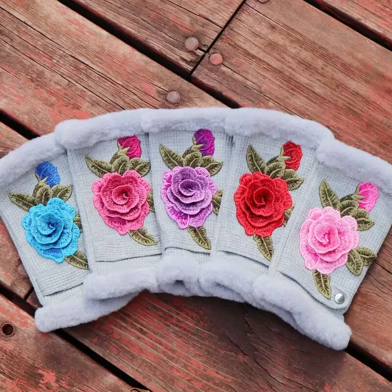 Guantes sin dedos Bordados florales 3D para mujer, medio guante elegante, regalo de noche para novia y esposa, invierno y otoño, 2023