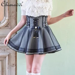 Japanese Liz Women's Summer Lace Edge Leather Ring High Waist Pleated Skirt Ribbon Bow Short Skirts Big Bow Lolita Y2k Blouses