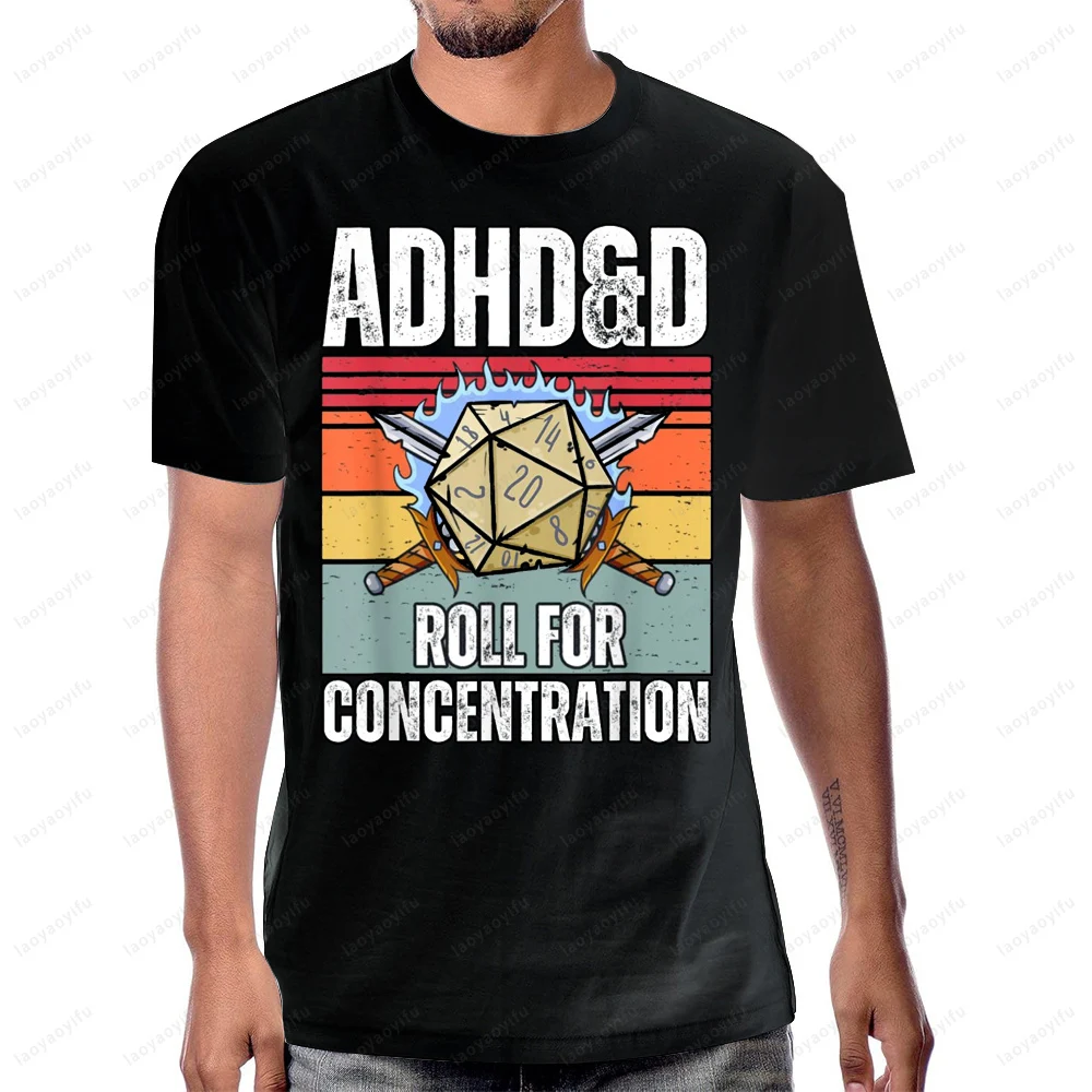 Retro Vintage ADHD&D Roll for Concentration Funny Dungeons and Dragons Gamer T-Shirt Cotton Casual Fashion Short Sleeve Man Tees