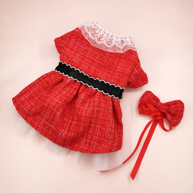 Pet New Year Christmas Dress Autumn/Winter Woolen Dress Dress Red Christmas Dress Coat Dress Double Layer Yarn Skirt Cat Dress